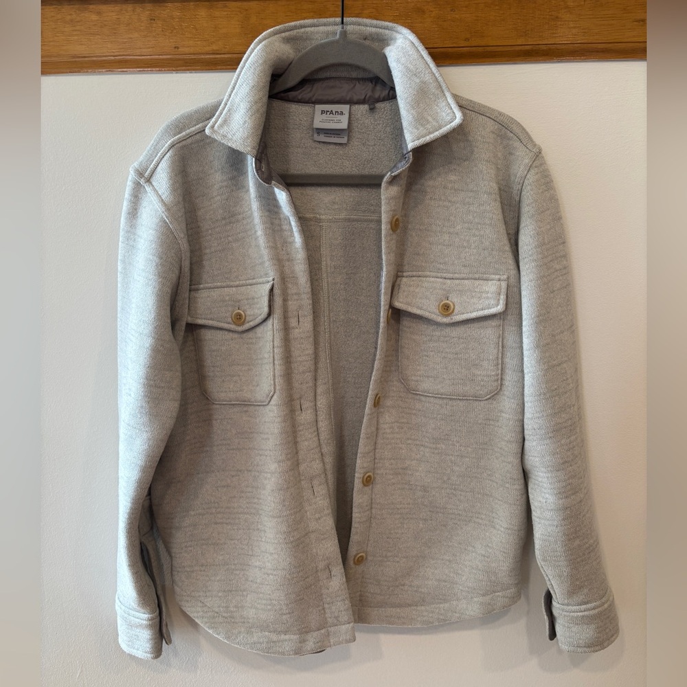 prAna Women’s Tri Thermal Shacket - Light Gray Wool-Blend Button Front - Small